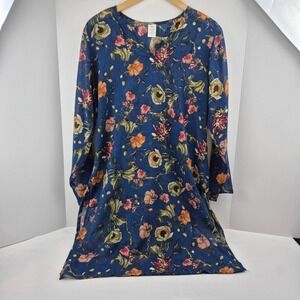 Raj Womens Blue Floral Long Sleeve V-Neck Tunic Top Size M Boho Botanical Print